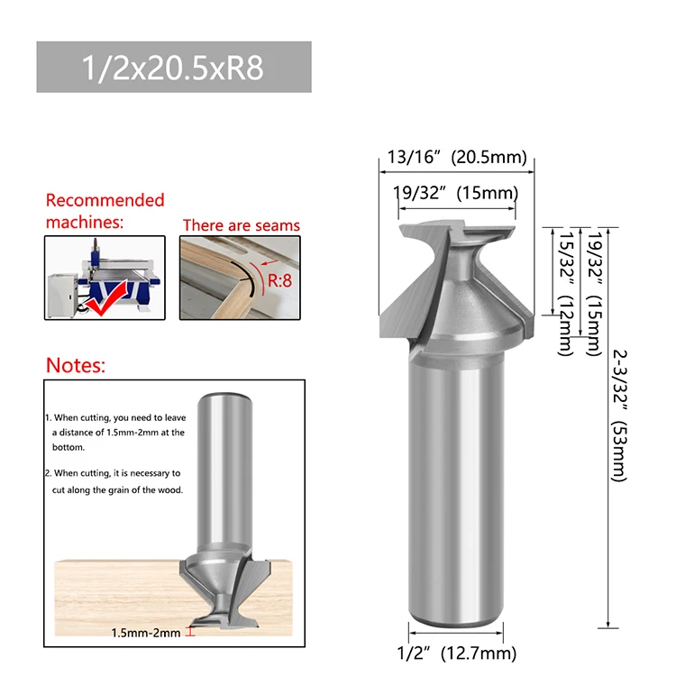 LAVIE 1 Stück 1/4 1/2 6,35mm Schaft Bogenförmiger Integrierter Fräser 2 Kanten, 3 Kanten mit Naht Holzbearbeitungsfräser Schneidwerkzeug – Detail 3