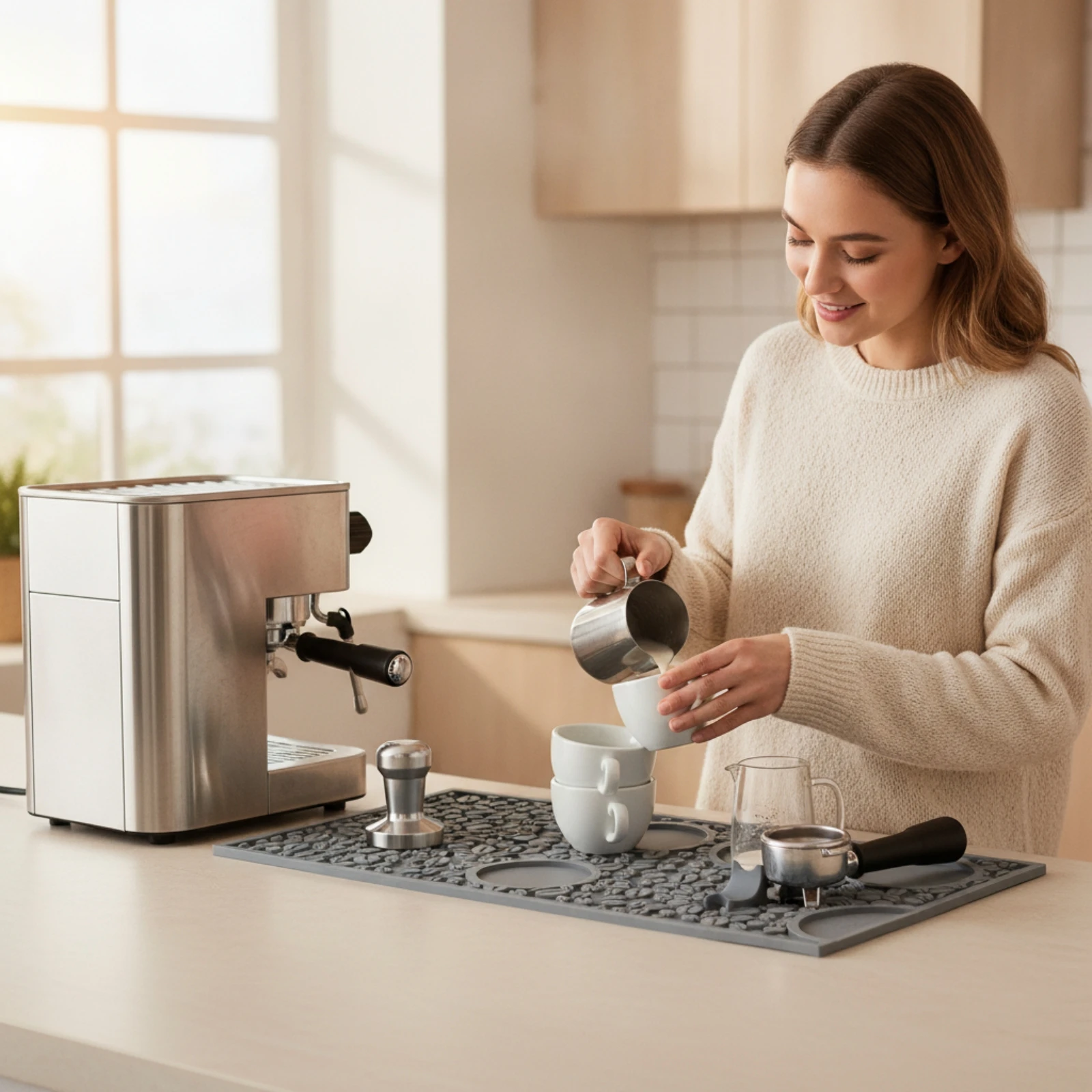 Coffee Tamping Mat with Tool Recesses Rectangular Silicone Tamping Mat Countertop Protector Non-Slip Long-Lasting for Baristas