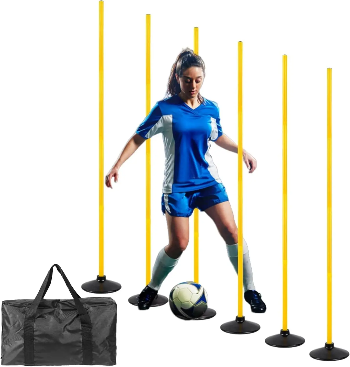

6 Pcs 5 FT Adjustable Agility Training Poles for Soccer, Basketball, Football, Horse, Dog - Speed Training Equipment with Rubber Bases and Bag