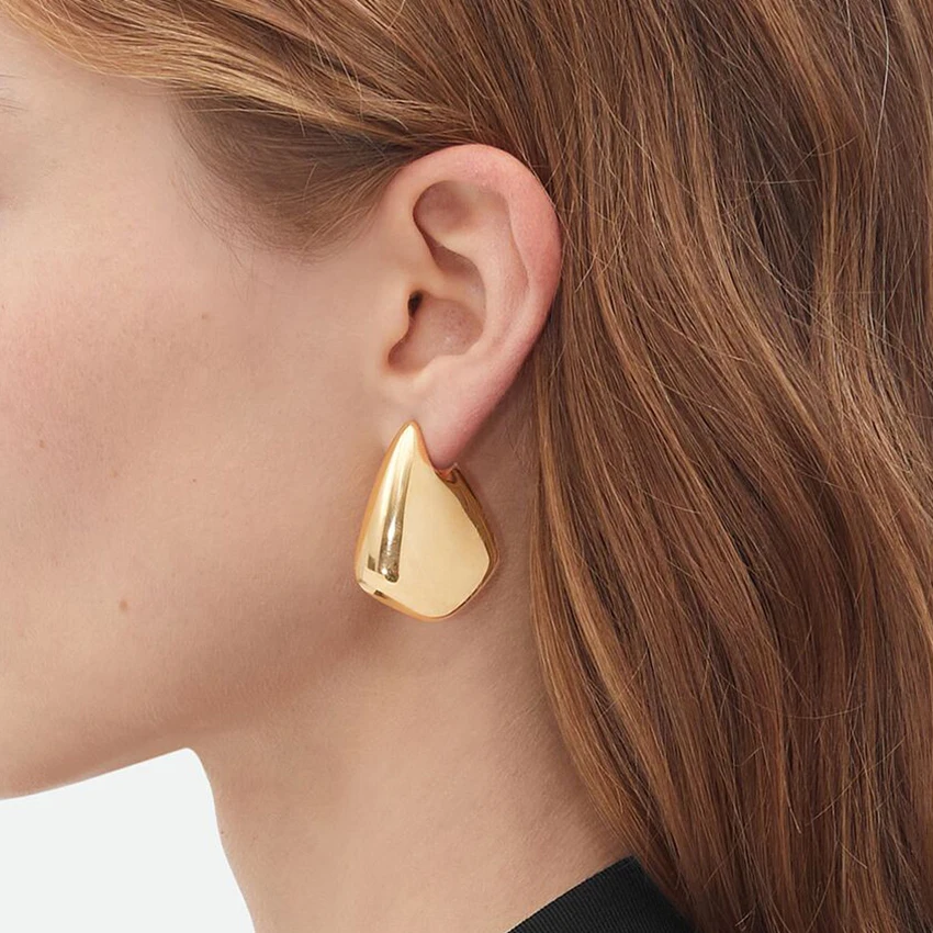 Vintage Smooth Stainless Steel Gold Plated Chunky Hoop Earrings for Women Geometric Thick Statement Drop Earring Party Jewelry