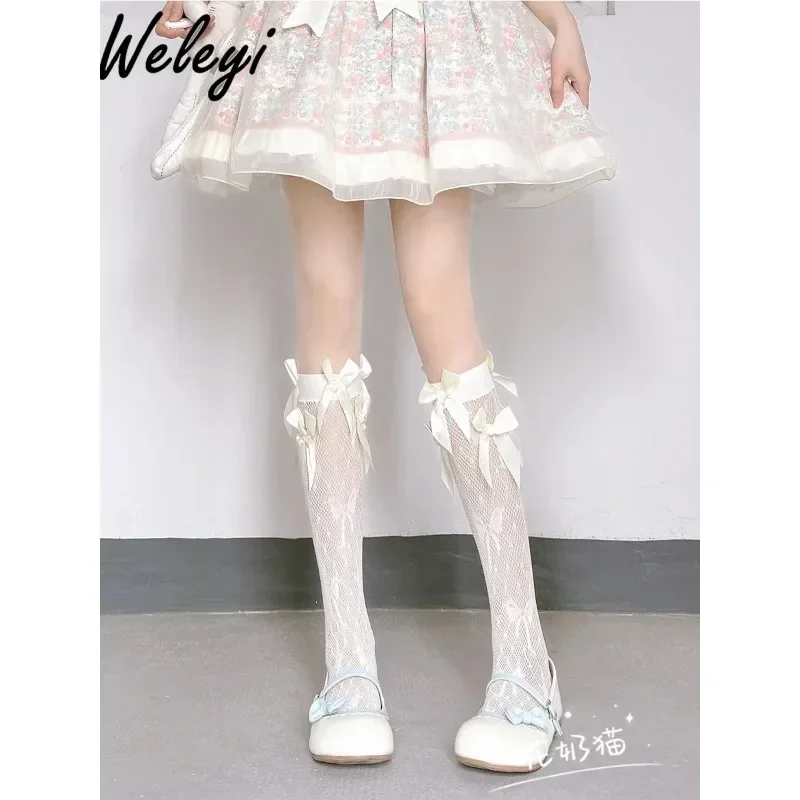 Jirai Kei Lolita Summer White Bowknot Lace Socks Summer Sweet Thin Tube Socks Multiple Bows Silk Calf Stockings for Women