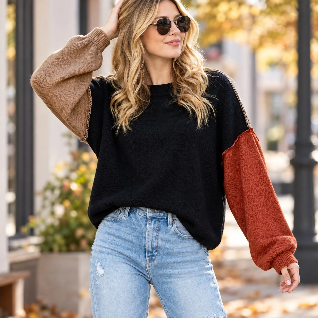 Loose Fit Pullover Sweater with Streetwear Style Long Sleeve Women Sweater Regular Length Patchwork Printed Dyeing External Seam