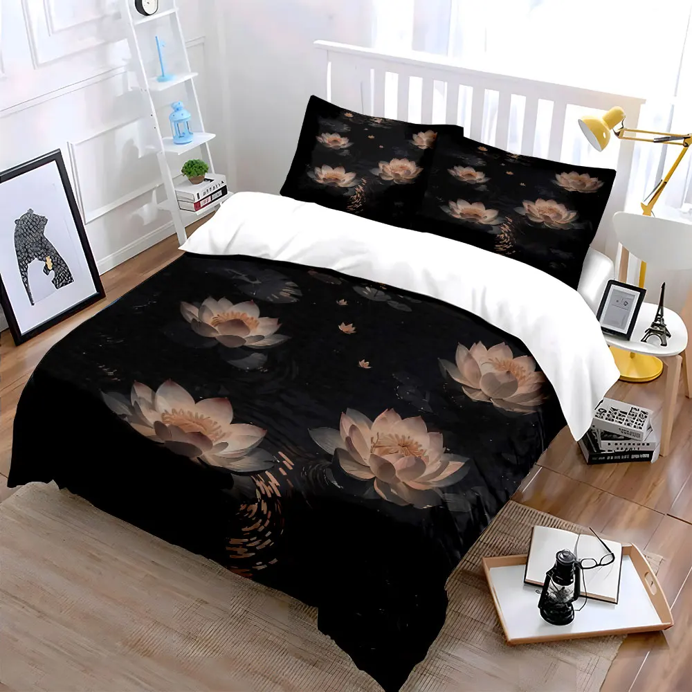 Elegant Lotus Art Set - Home Decor Bedding Set with 1 Duvet Cover 2 Pillowcases Single Double King Queen, Gift