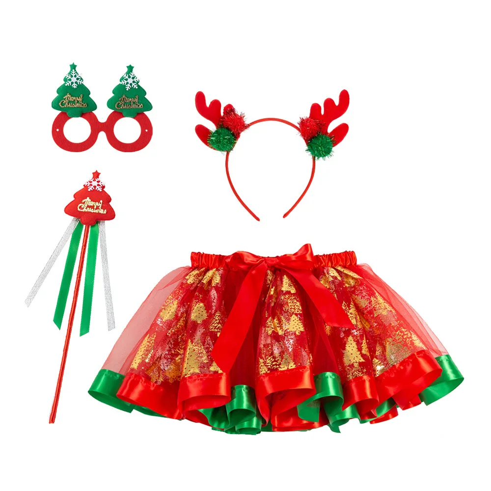 Girls Christmas Tutu Skirt Fluffy Birthday Party Baby Girl Tutu Kids Dance Tulle Skirt Girls Xmas Deer Costume Antler Headband