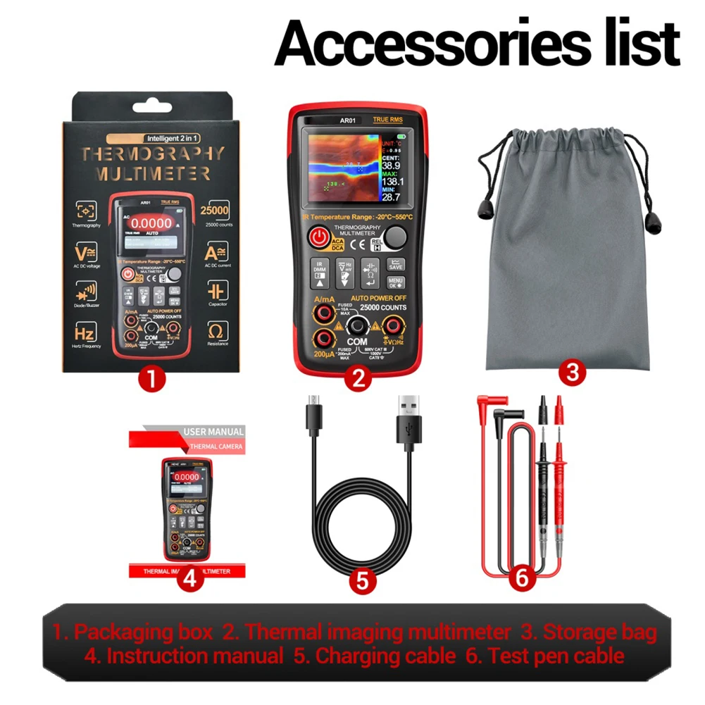 Digital Multimeter with Thermal Imager 25000 Counts ACDC Voltage and Current Measurement Tool for Precise Testing