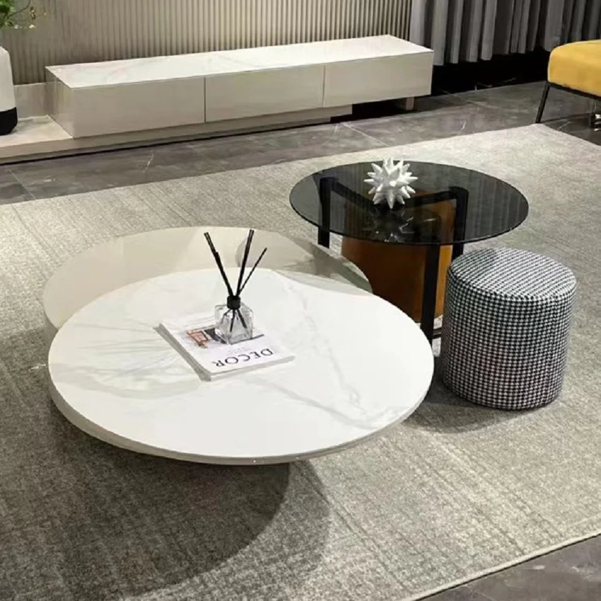 Simple and modern round coffee table combination rotatable living room small apartment Nordic small fresh cream wind rock board