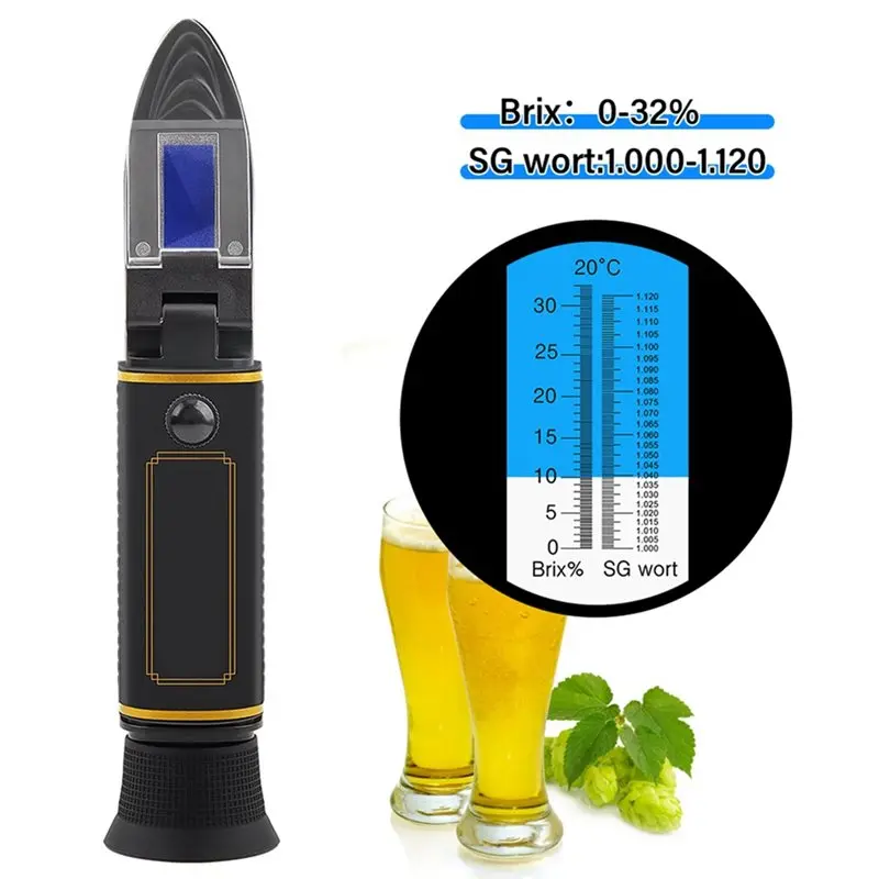 AT02-Dual Scale Beer Refractometer 0-32 Brix 1.000 To 1.130 SG Wort ATC Handheld Wine Hydrometer Sugar Tester