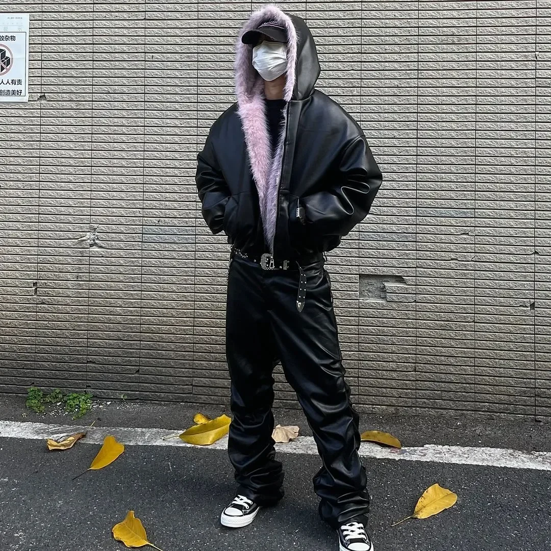 

Youth Trend Pink fleece-lined and thickened Fur Collar Hooded Winter Coat Warm Loose Jacket Trendy Mens Anti Cold Thick Coat