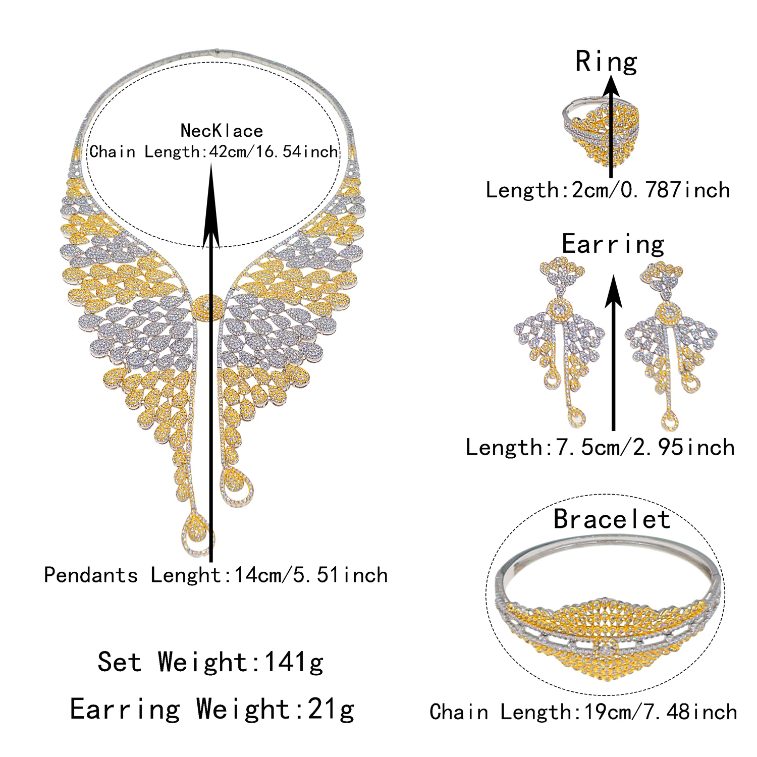 Yulaili Non-tarnish American Diamond 5A Grade Cubic Zirconia Luxury Jewelry Set for Women Wing Necklace Wedding Banquet HZ25008