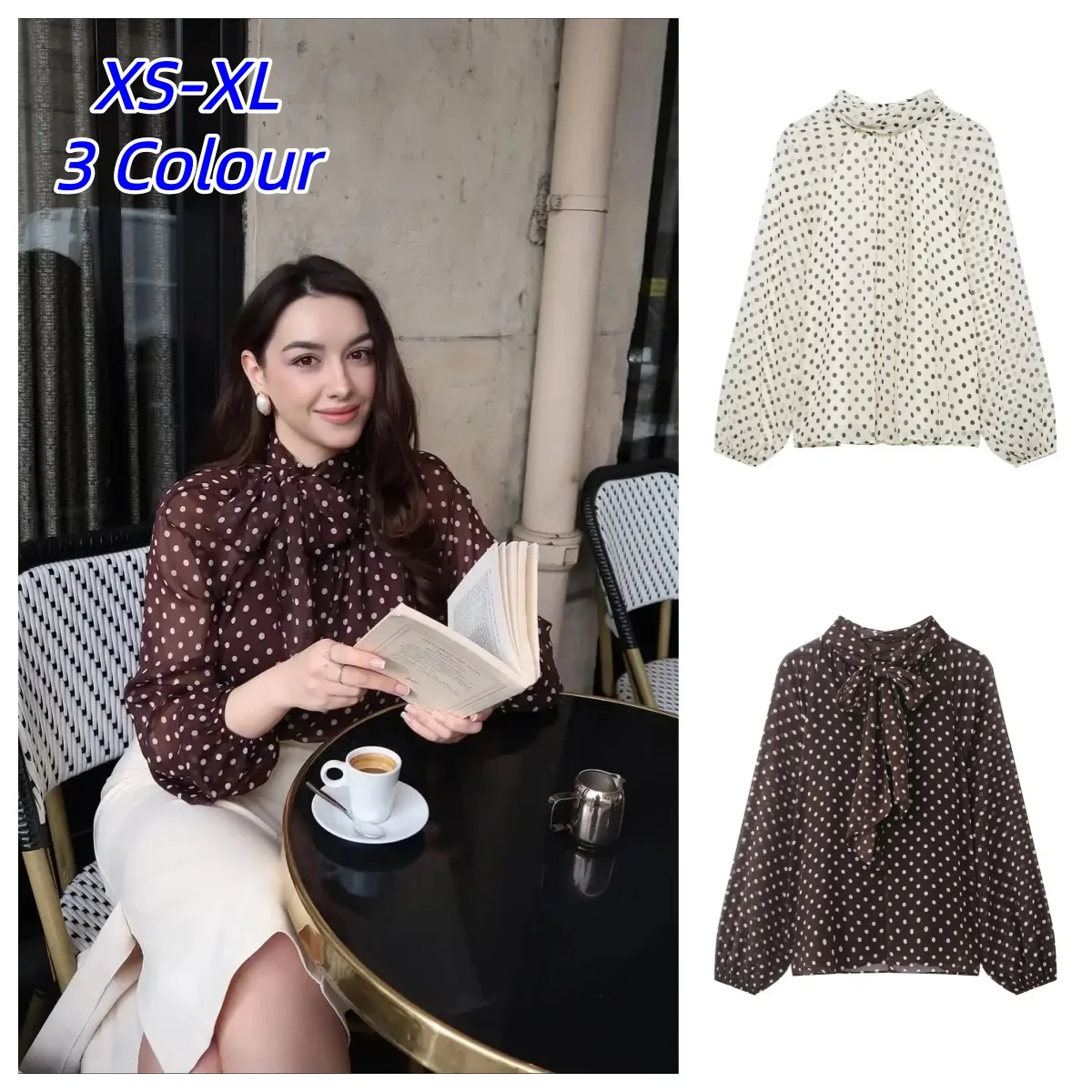 

Женская блузка с принтом в горошек, модная весенне-летняя блузка с длинным рукавом, бантом и шнуровкой, элегантная блузка в стиле High Street