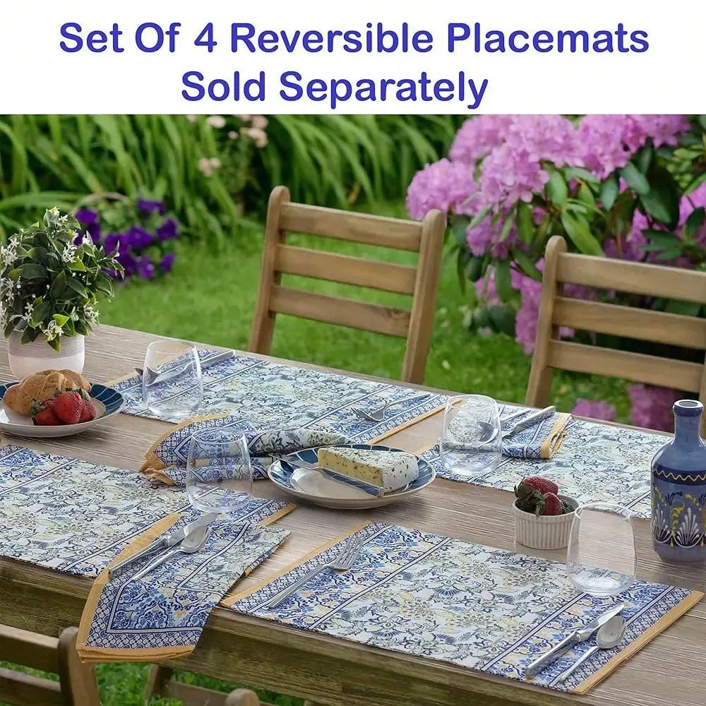 

Bargains Plus Rectangle Fabric Placemats, Set Of 4 Placemats, Allure Yellow And Blue Floral Bordered Print, Indoor Outdoor Stai