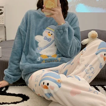Autumn Winter New Warm Flannel Women's Pajamas Set Long-sleeved Trousers Two-piece Set…