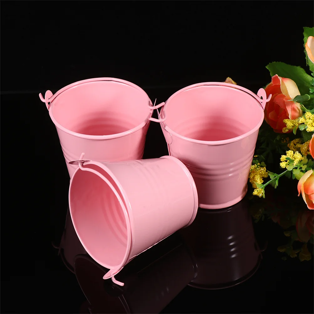 4 Pcs Small Galvanized Pail Mini Bucket Compact Iron Flower Pot Drum Outdoor Pink Craft