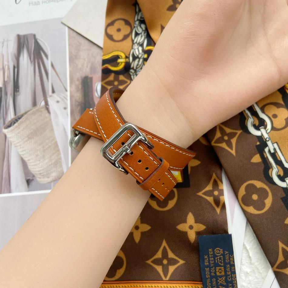 Soft Calfskin Leather Strap For Apple Watch Band 9 8 7 6 5 4 Ultra 2 Double Tour Bracelets Iwatch Series 38mm 40/41mm 49/44/45mm