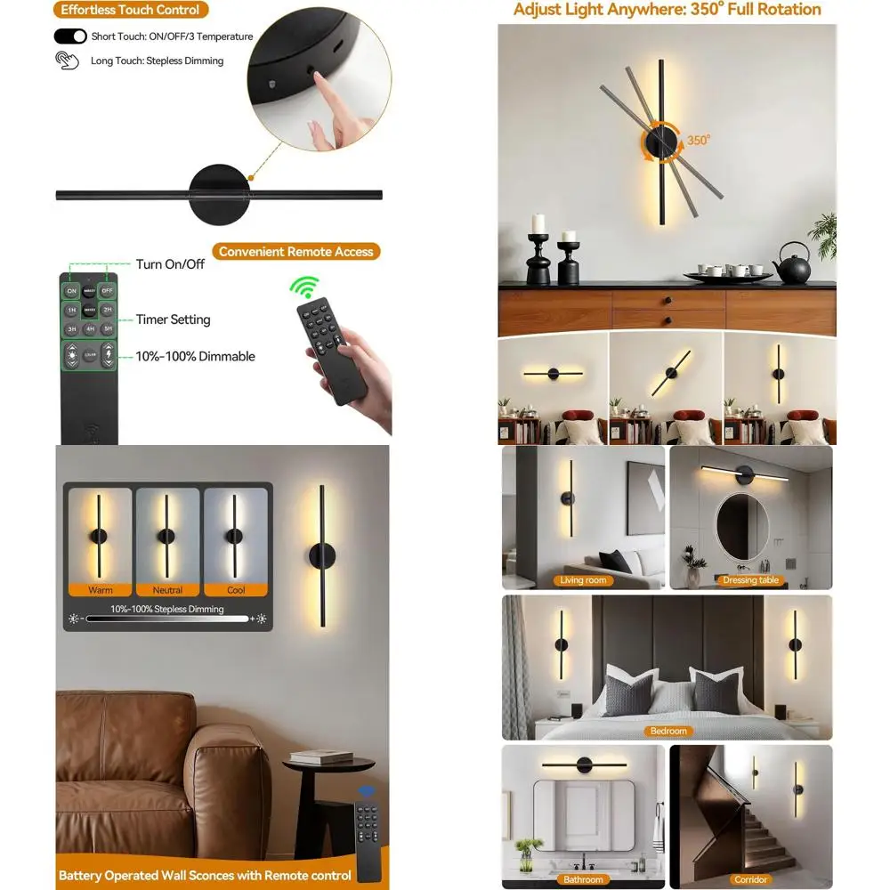 

30 Modern Rechargeable Wall Sconce, Wireless Dimmable Light with Remote, 350° Rotation for Home Decor