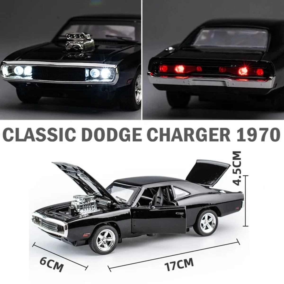 1:32 Dodge Charger 1970 Pullback Car Toy with Light Sound, Alloy Diecast Repilca Model Scale Miniature Kid Boy Xmas Gift