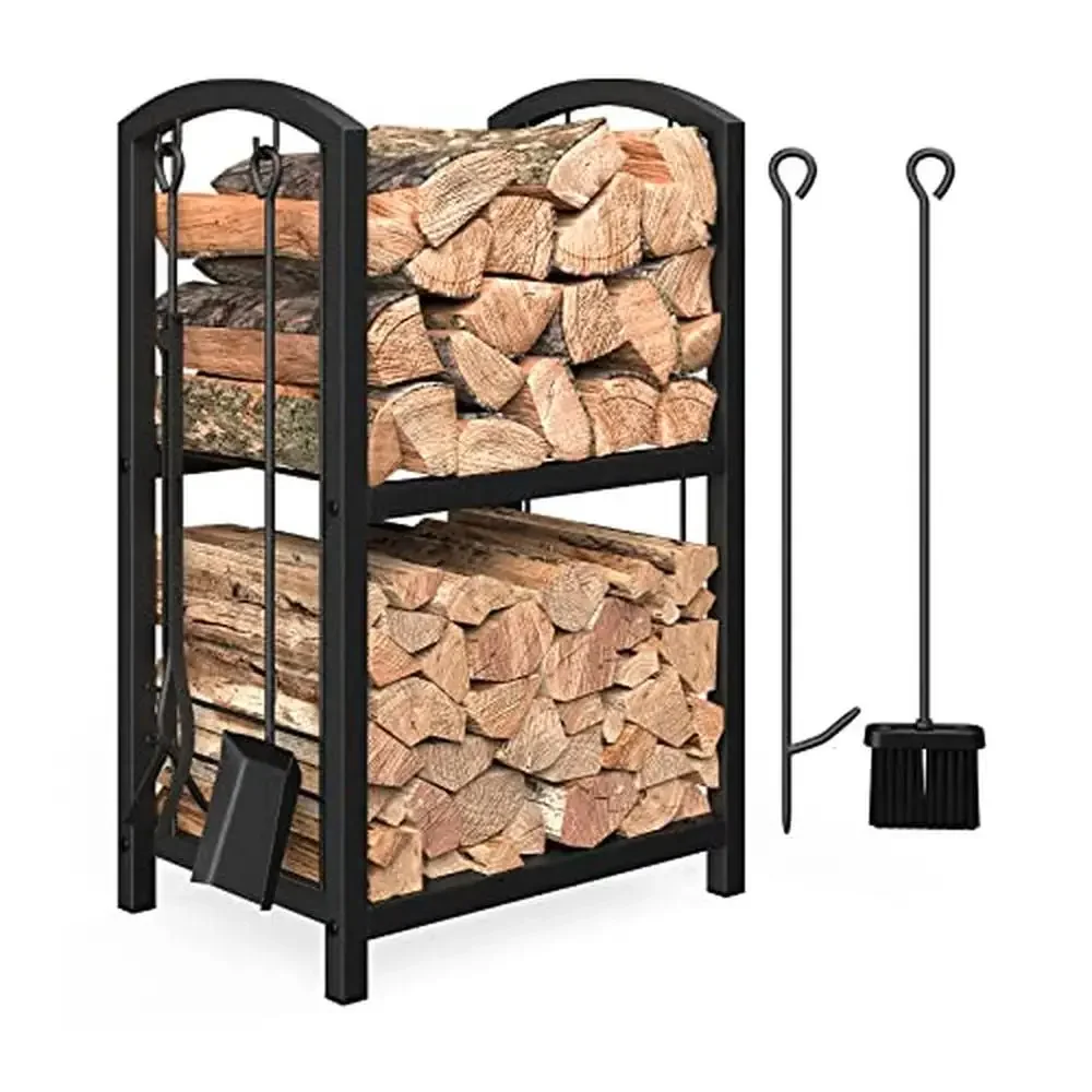 

Wrought Iron Firewood Rack with Fireplace Tools Set Double Layer Storage Easy Assembly Durable H-Shape Construction Suitable