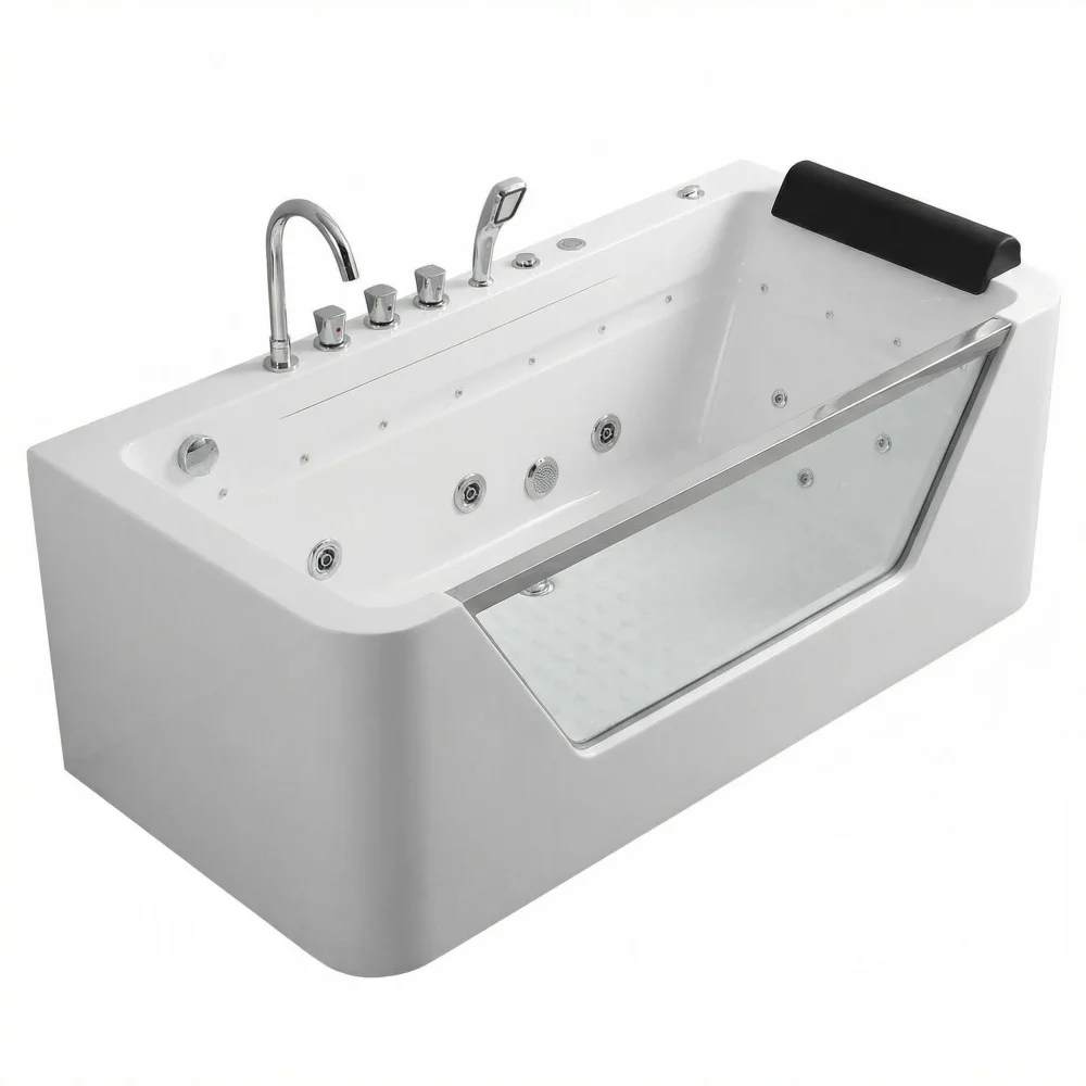 67-Zoll-Whirlpool-Badewanne, Hydrotherapie-Whirlpool mit Glaspaneel, 7 Düsen, 3-seitige Schürze, 89 Gallonen, Weiß