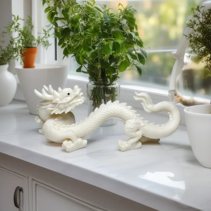 Little White Dragon Mascot Decorative Statue Resin Sculpture Chinese God Beast Home Room Office Car ，Fish tank Feng Shui Statue