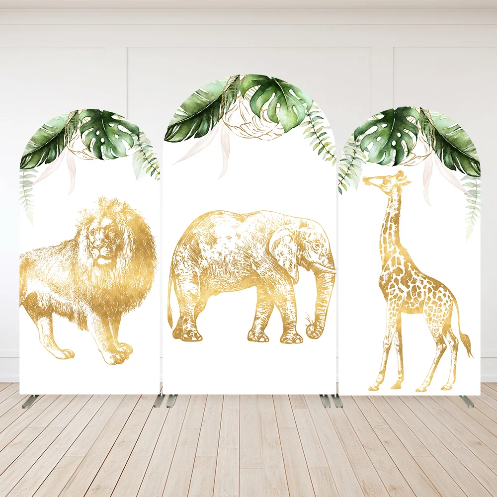 Cartoon Animals Wild One Boy Birthday Decoration Arch Cover Backdrop Chiara Wall Gold Green Leaves Kids Baby Shower Background