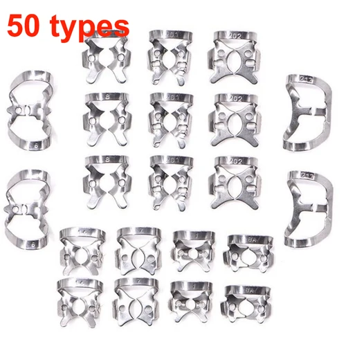 Abrazaderas de dique de goma Dental de 50 tamaños, Clips de barrera restauradora endodóntica de acero inoxidable, Material de ortodoncia para odontología