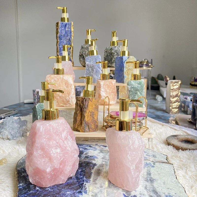 2PCS Pink Crystal Press Bottle Premium Jade Texture Refillable Dispenser For Shower Gel Energy Stone Bathroom Decoration