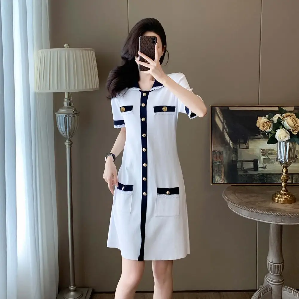 2024 New Summer Vintage Knitted Dress Women Contrast Color Turn-down Collar Single Breasted Short Sleeve Dresses Ladies Vestidos