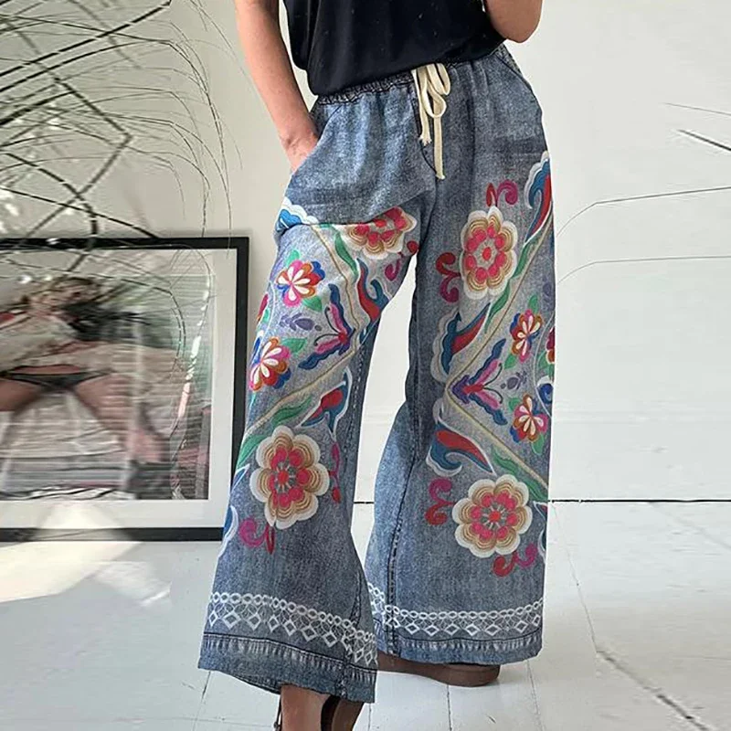 2024 Retro Elegant Women Printed Long Pants Fashion Pockets Temperament Pant All Match Mid Waist Drawstring Wide Leg Trousers