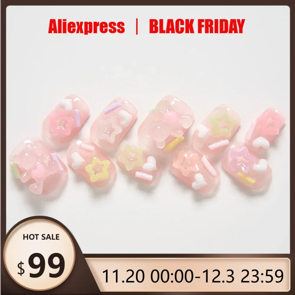 

10pcs Handmade Press On Nails Pink Coffin False Nails with Cute 3D Bear Heart Design - Glossy Short Nails for Women and Girls
