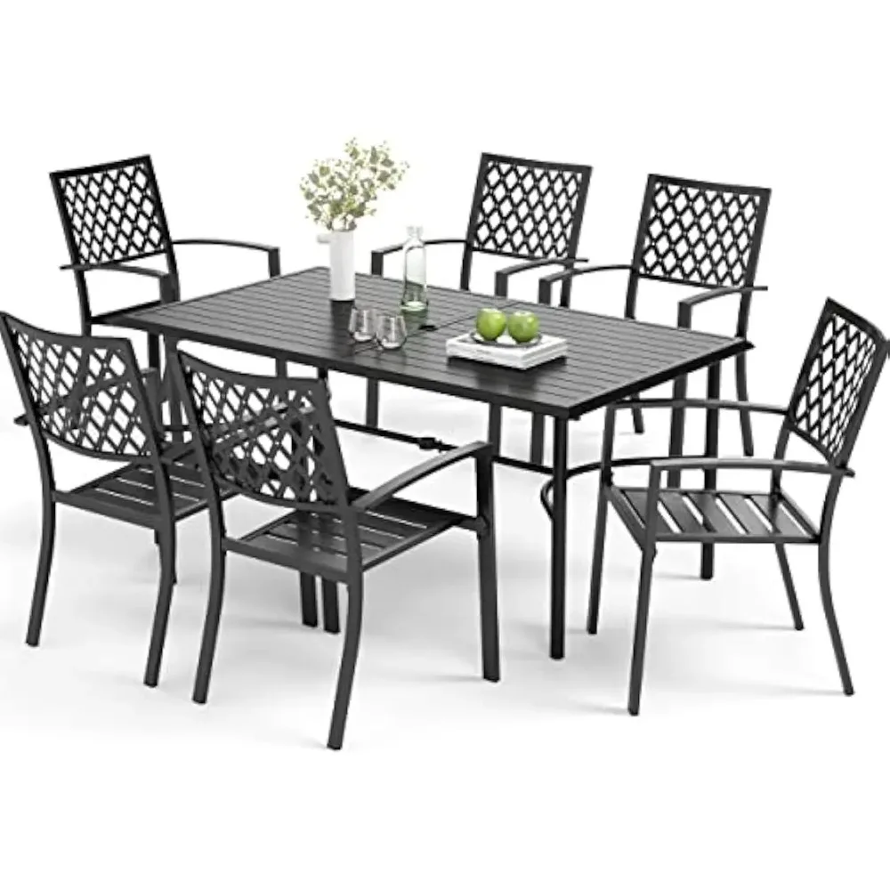 7-Piece Outdoor Dining Set, 6 Stackable E-Coating Metal Chairs and 1 Black Rectangular Table with Umbrella Hole