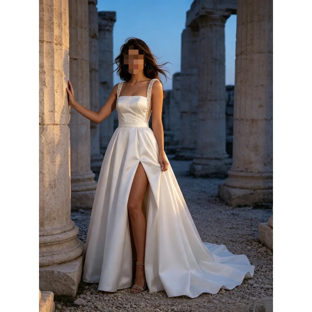 Customized Light Luxury Beaded Square Neck Satin A-line High Seam Wedding Dress 2026 Elegant Waist Cinched Pleated Bridal Gown