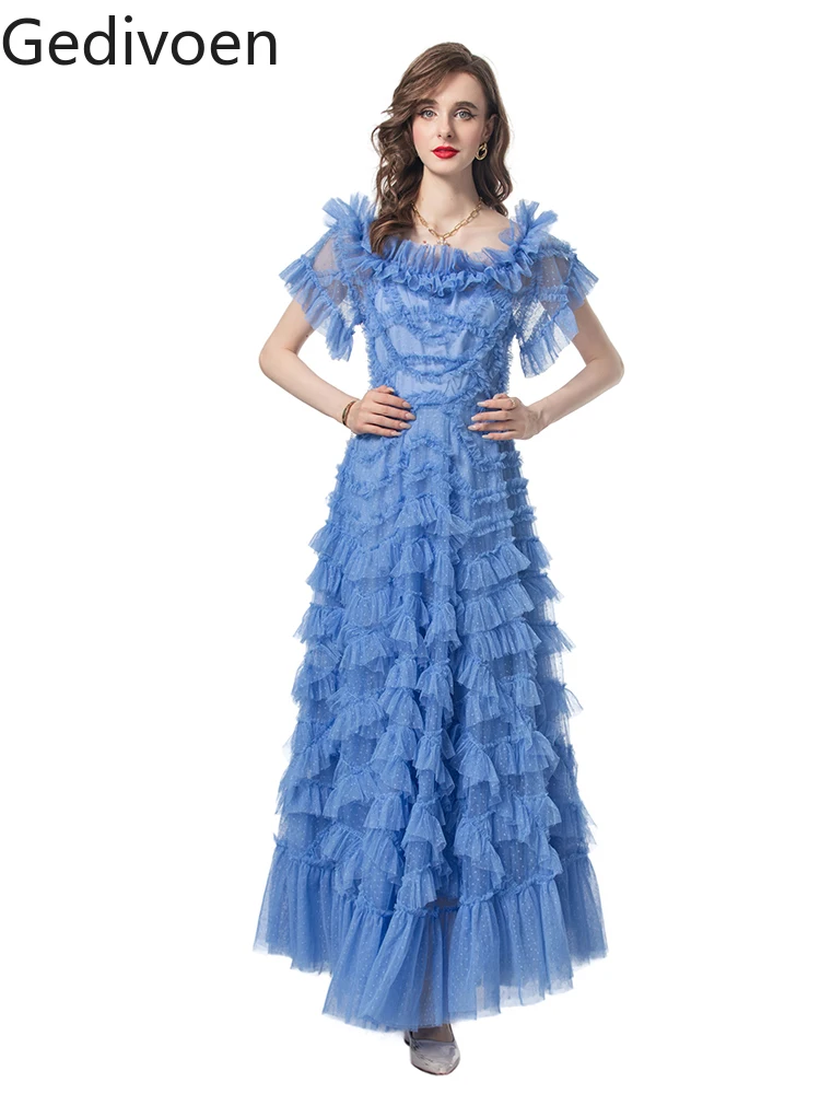 

Gedivoen Summer Fashion Runway Designer Dresses Women's Temperament Net Yarn Cascading Ruffle Holiday Elegant Princess Dresses