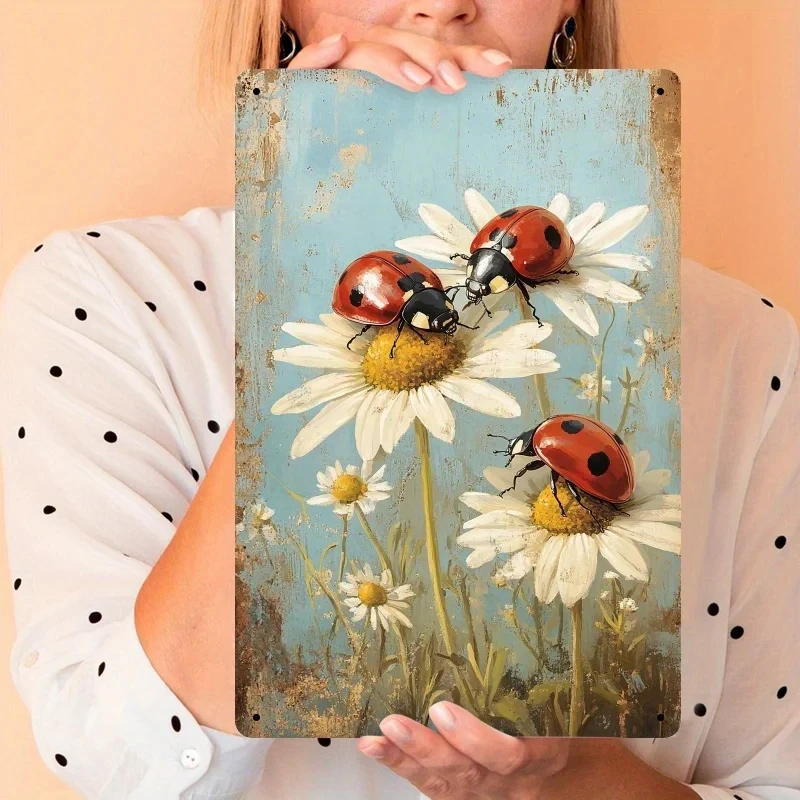 Vintage Ladybug Daisy Metal Sign Iron Made 8x12inch Vintage Wall Decorative Sign Tin Plate Garden Courtyard Porch