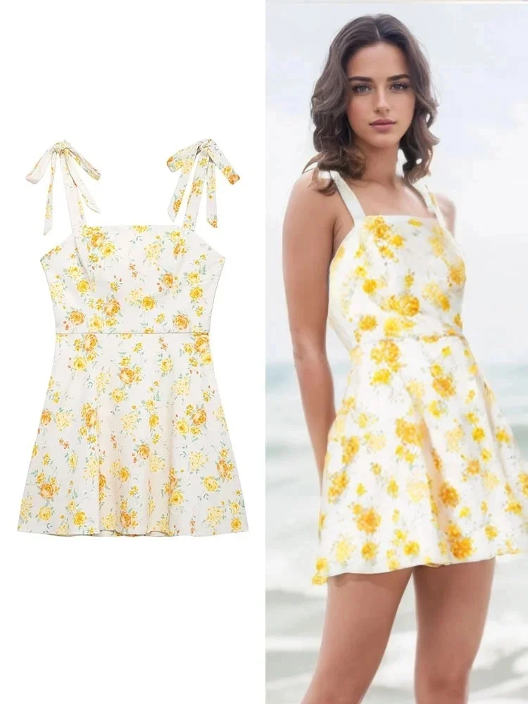 TRAFZA-minivestidos dulces para mujer, vestidos de popelina con estampado de flores, decoración de lazo, sin mangas, corte en A, informal, para vacaciones en la playa, verano