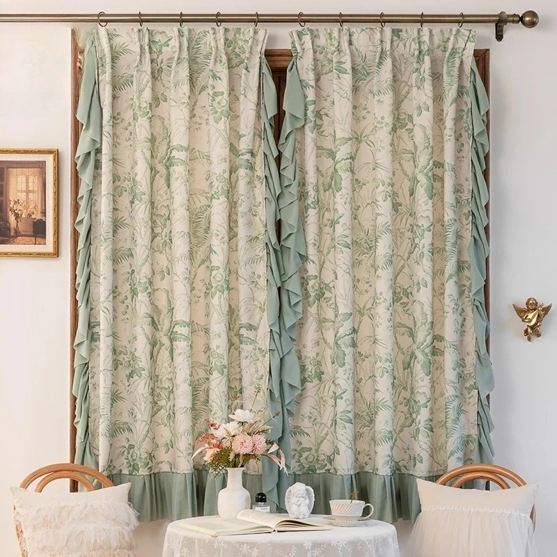 

French Retro Cotton Linen Printed Curtains for Living Room American Half Green Pastoral Door Partition Bedroom Window Hook Type