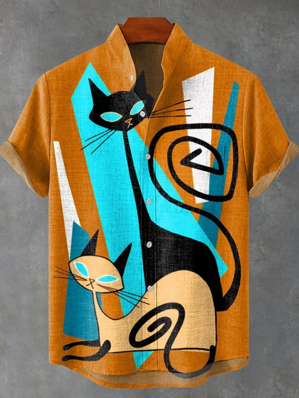 Men's Fashionable Stand up Collar Linen Shirt Abstract 3D Print Short Sleeve Button up Casual Vacation Wedding Attire