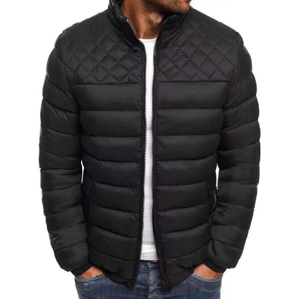 Men's stand collar pure color simple and elegant cotton jacket with diamond pattern stitching on the shoulders and chest, men's
