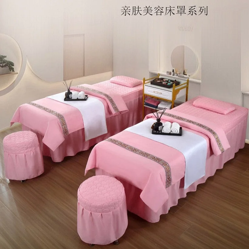 4pcs Striped Beauty Salon Bedding Set Bedspread Massage Spa Bedskirt with Hole Stoolcover Pillowcase Duvet Cover 4Pcs Sets