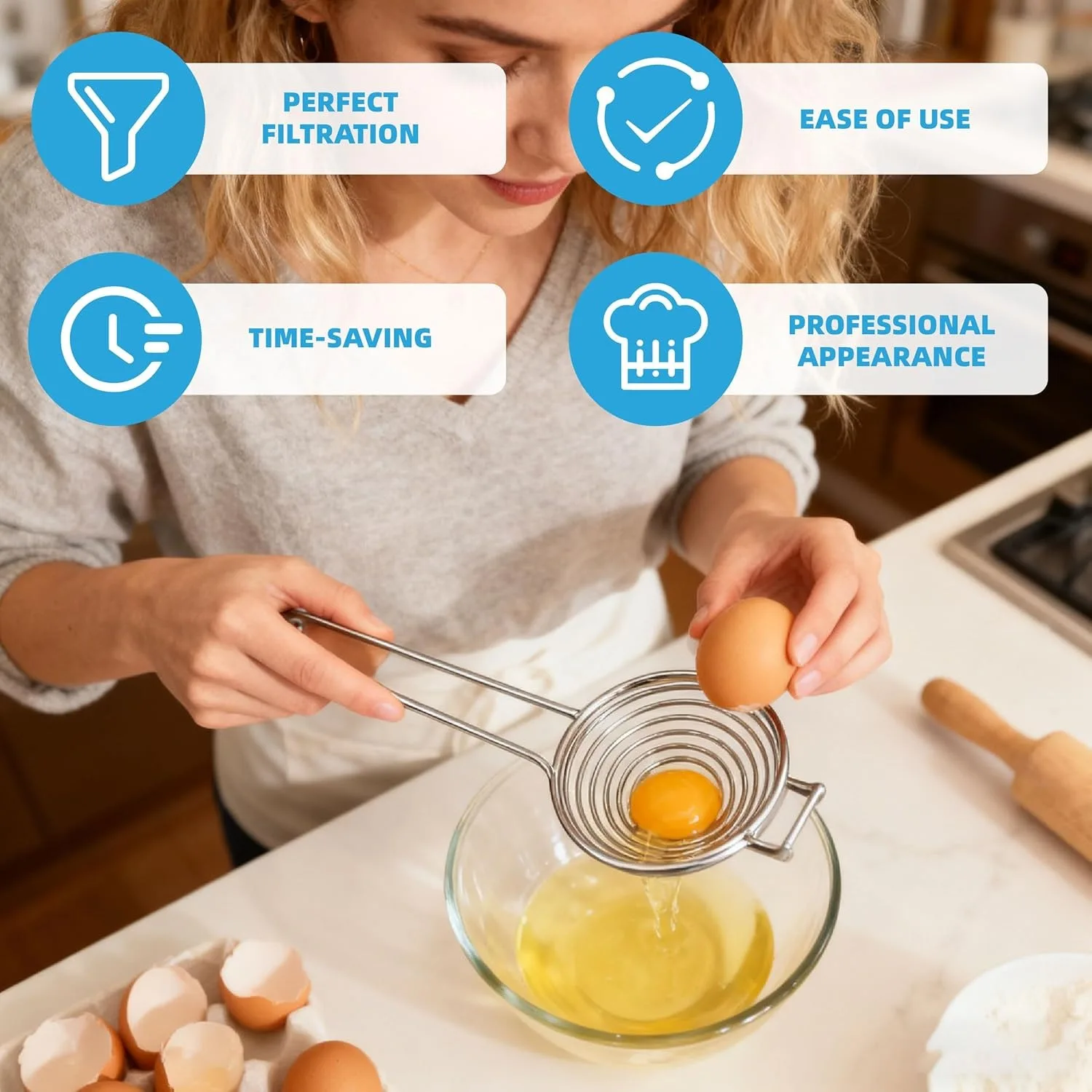 2PCS Stainless Steel Egg Separator Tool, Egg Yolk White Separator & Sifting Filter for Baking, Fast Separation Kitchen Gadget, Egg Divider for Raw Eggs, Cake Baker Tool