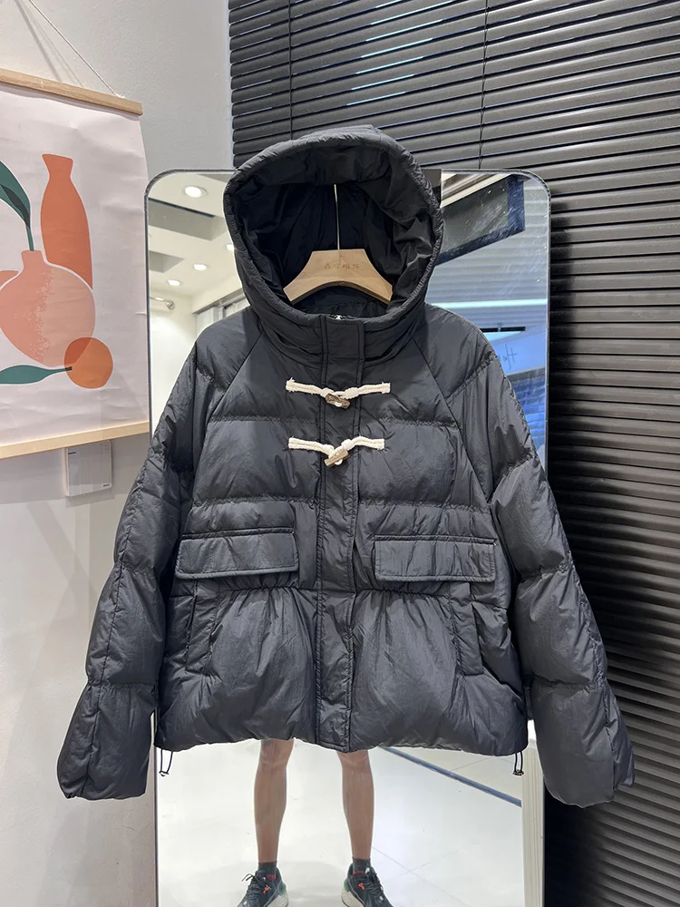 

Korean version fashion hooded cow horn buckle casual versatile white duck down jacket women solid color trend down jacket