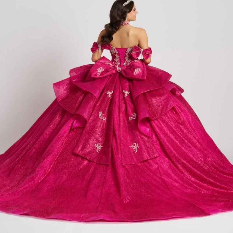 Rose Red Glitter Quinceanera Dresses Off Shoulder Ball Gown Sweet 16 Dress Applique Beading Crystal Bow Tull Party Birthday vest