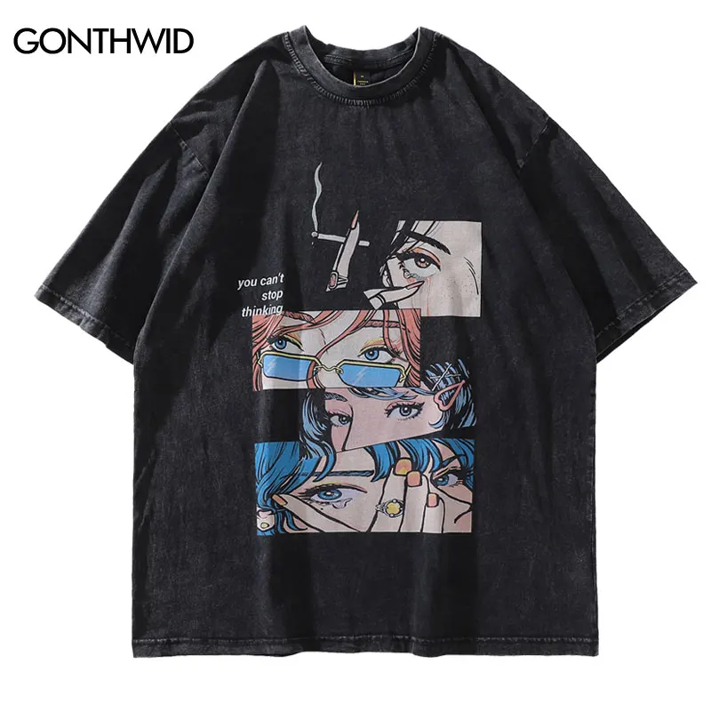 Distressed Oversize T Shirt Streetwear Japanese Anime Eyes Print Retro Tshirt 2024 Hip Hop Casual Cotton Loose T-Shirt Black