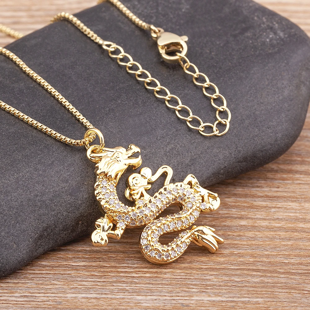Nidin Mascot Dragon Pendant Jewelry Micro Pave Zircon Necklaces  Women Men Gold Color Long Chain Ornaments Lucky Symbol Gifts