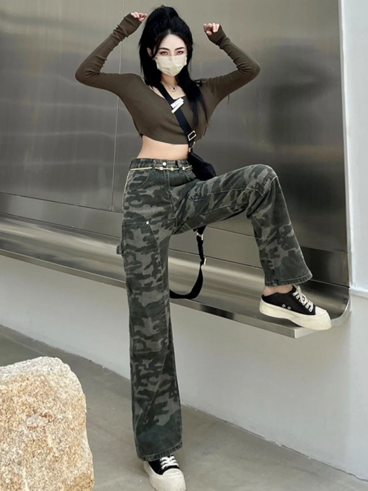 

American Sle plus Size Women's Camouflage Jeans High Waist Straight Leg Workwear Trousers Spring Autumn Loose Fit