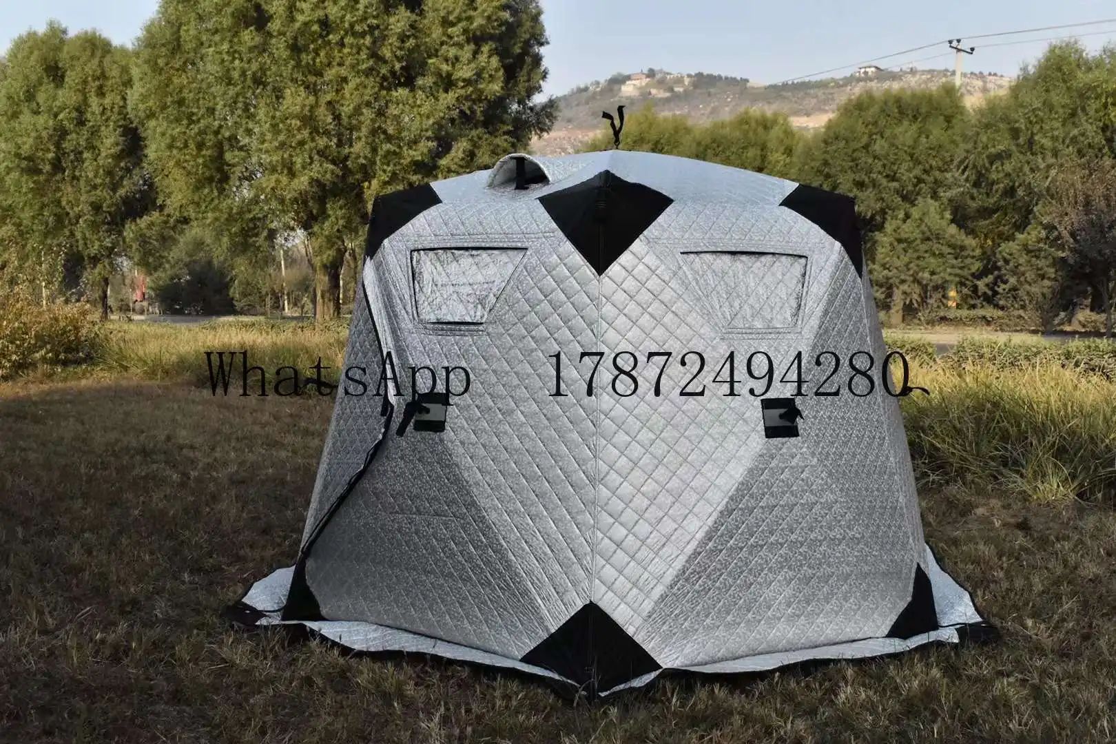 3-4 Persons Winter Fishing Tent Ice Cube Instant Shelter, Blue Silver with Mat