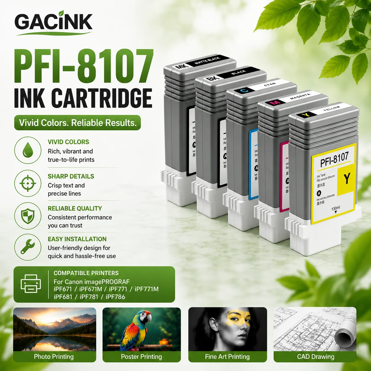 130ML For Canon PFI-8107 Full Ink Cartridge With Pigment Ink For Canon imagePROGRAF iPF671 iPF771 iPF681 iPF781 iPF786 Plotter