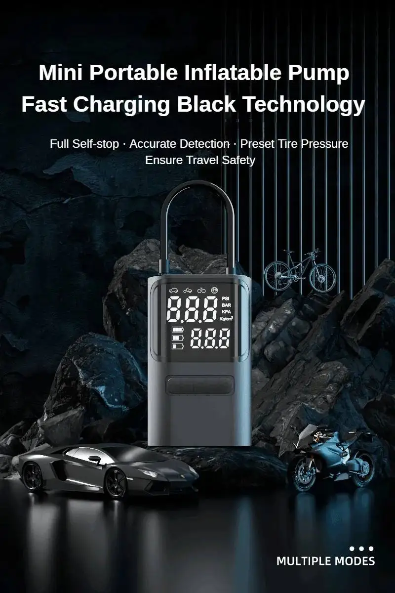 

Перезаряжаемый цифровой воздушный насос 150PSI, беспроводной надувной насос для автомобильных шин, мотоциклов и велосипедов со светодиодным дисплеем и автоматической остановкой