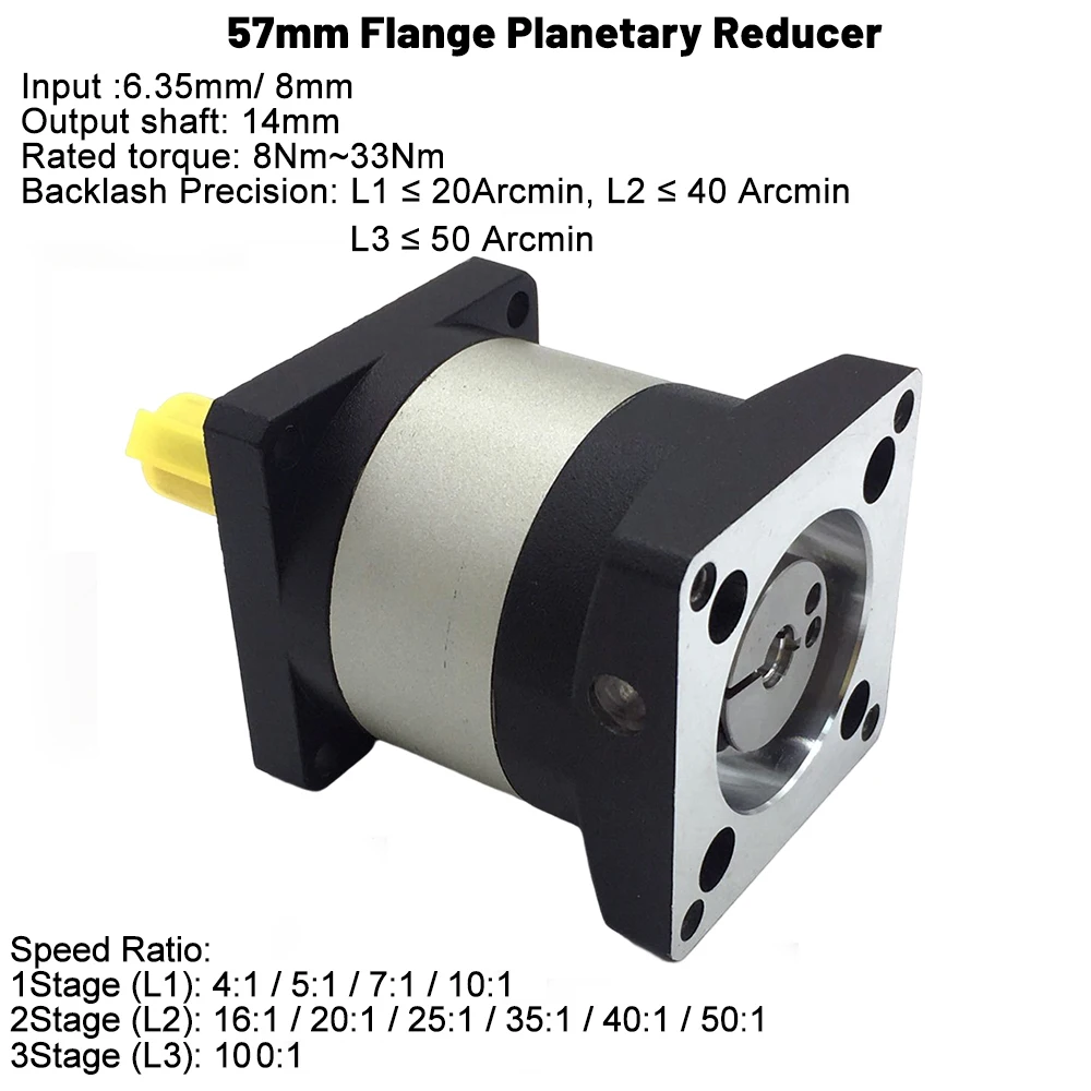Nema23 علبة التروس الكوكبية 57 مللي متر محرك متدرج نسبة المخفض 5:1 10:1 تنحى والعتاد 6.35/8 مللي متر المدخلات 14 مللي متر رمح لآلة النسيج