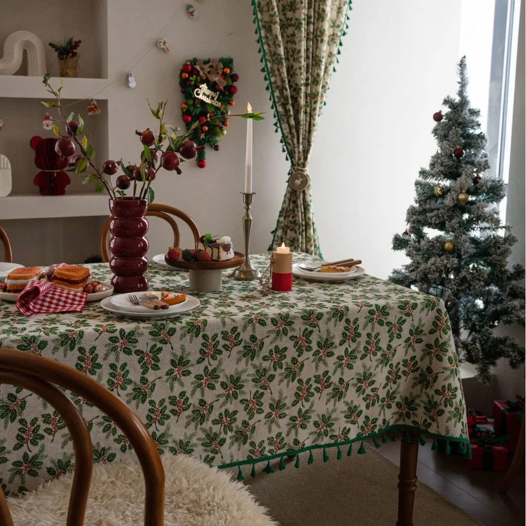 Christmas Holly Leaf Gilded Tablecloth Berry Print Festive Tablecloth Cover Coffee Table Table Cloth Table Linen Christmas Decor