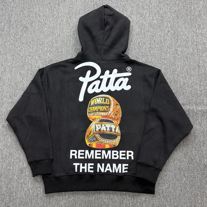 Black Casual Kangaroo Pocket PATTA Pullover Hoodies Street Trend Back Ring Text Print Loose Man Woman Patta Sweatshirts